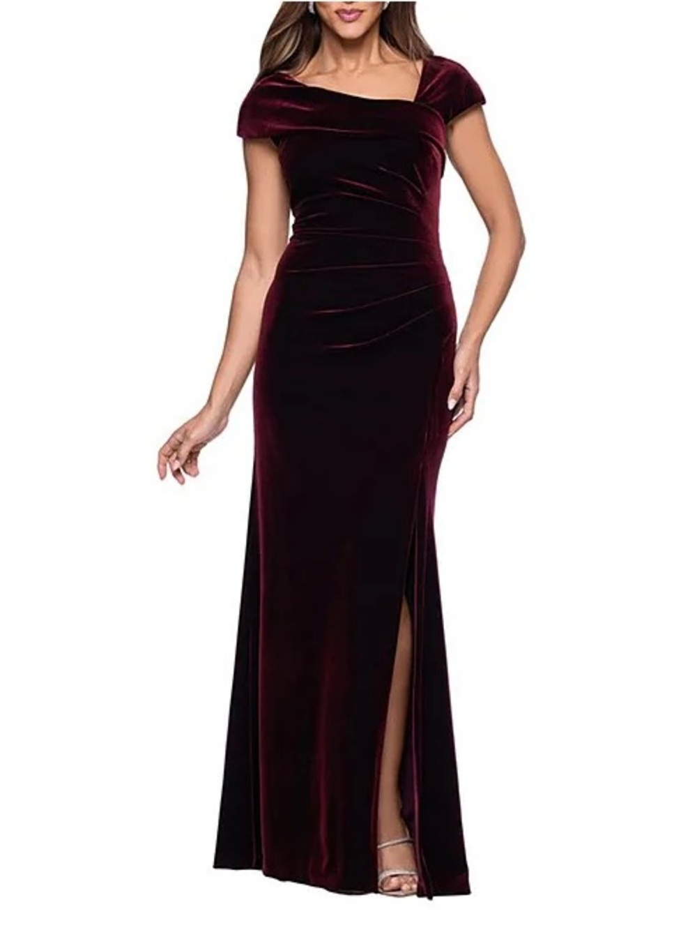 Xscape Velvet Off-Shoulder Maxi Gown in Burgundy
